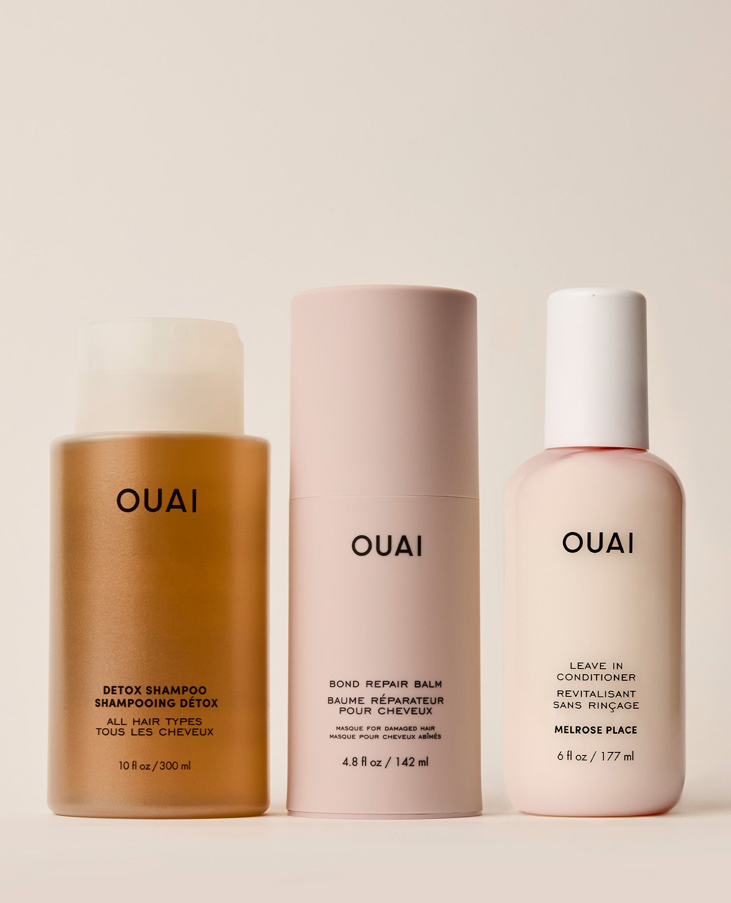 Trio of The Ouai products including Detox Shampoo, Bond Repair Balm & Leave in Conditioner 
