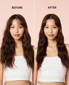 A side-by-side before and after comparison of a woman with long, wavy brown hair. The left side is labeled 'BEFORE' and shows slightly frizzier, less defined waves.