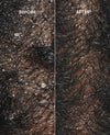 A close-up before-and-after comparison of dark hair on skin, with the left side labeled BEFORE and the right side labeled AFTER.