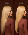 A side-by-side before and after comparison of a woman's long blonde hair, shown in profile against a dark brown background. The left side is labeled 'BEFORE' with slightly frizzy, less defined hair, and the right side is labeled 'AFTER' with smoother, shinier, and more polished hair.