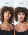Before and after comparison of a woman with curly brown hair wearing a black spaghetti-strap top against a light gray background. The left side is labeled 'BEFORE' and shows the hair in its natural, less styled state.