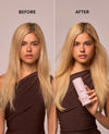 A split-screen before-and-after comparison of a woman with long blonde hair, wearing a dark brown one-shoulder top. The left side is labeled 'BEFORE' and shows her hair as straight.