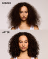 Before and after comparison of a woman with dark curly hair, showing the hair volume and texture improvement against a light gray background.