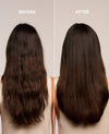 Before and after comparison of a woman's long dark brown hair, showing frizzy, wavy hair on the left labeled 'BEFORE' and smooth, straight hair on the right labeled 'AFTER'.