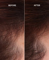 A close-up before-and-after comparison of dark brown hair on a person's scalp, with the left side labeled BEFORE and the right side labeled AFTER.