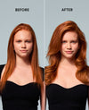 Before and after comparison of a woman with long red hair, showing the hair styled differently against a light gray background. The left side is labeled 'BEFORE' and the right side is labeled 'AFTER'.