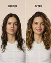Before-and-after hair transformation of a woman with dark brown hair, showing wet frizzy hair on the left and styled, dry, and wavy hair on the right, set against a solid beige background with 'BEFORE' and 'AFTER' text labels.
