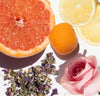 Close-up of a halved grapefruit, apricot, lemon slices, dried flowers, and a pink rose on a white background.